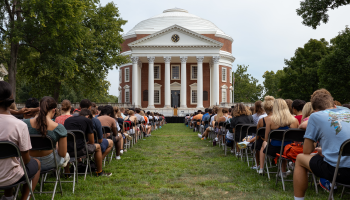 Dean Christa Acampora addressing first-year students in front of the Rotunda